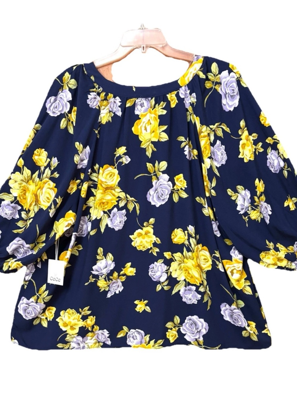 WOMEN PLUS FLORAL ROSES TOP 3X RAYON 3/4 SLEEVE ROMANTIC FEMININE SPLIT V NECK - Picture 5 of 10
